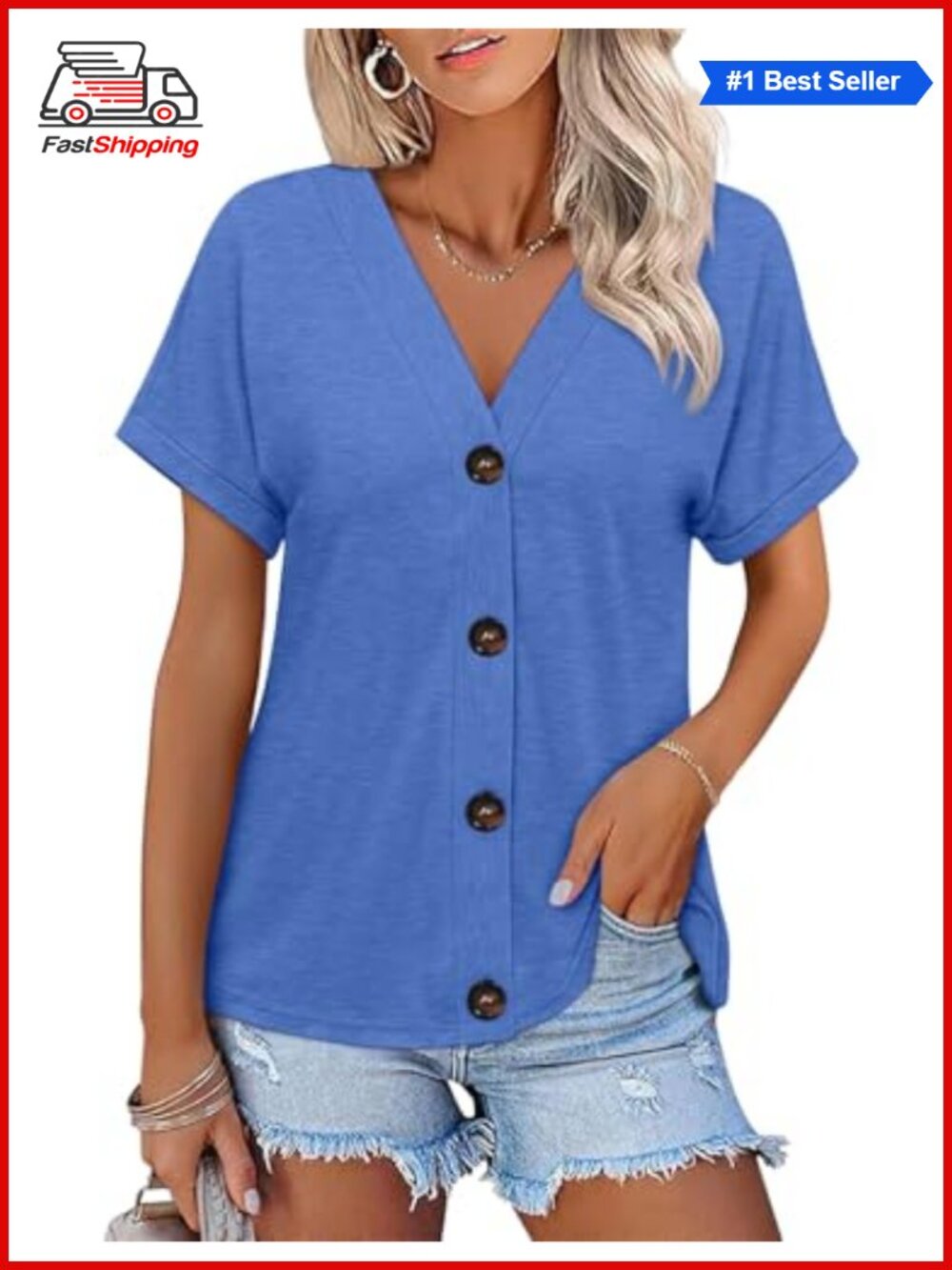 Womens Summer Tops Short Sleeve Button Down V Neck T Shirt Loose Fit